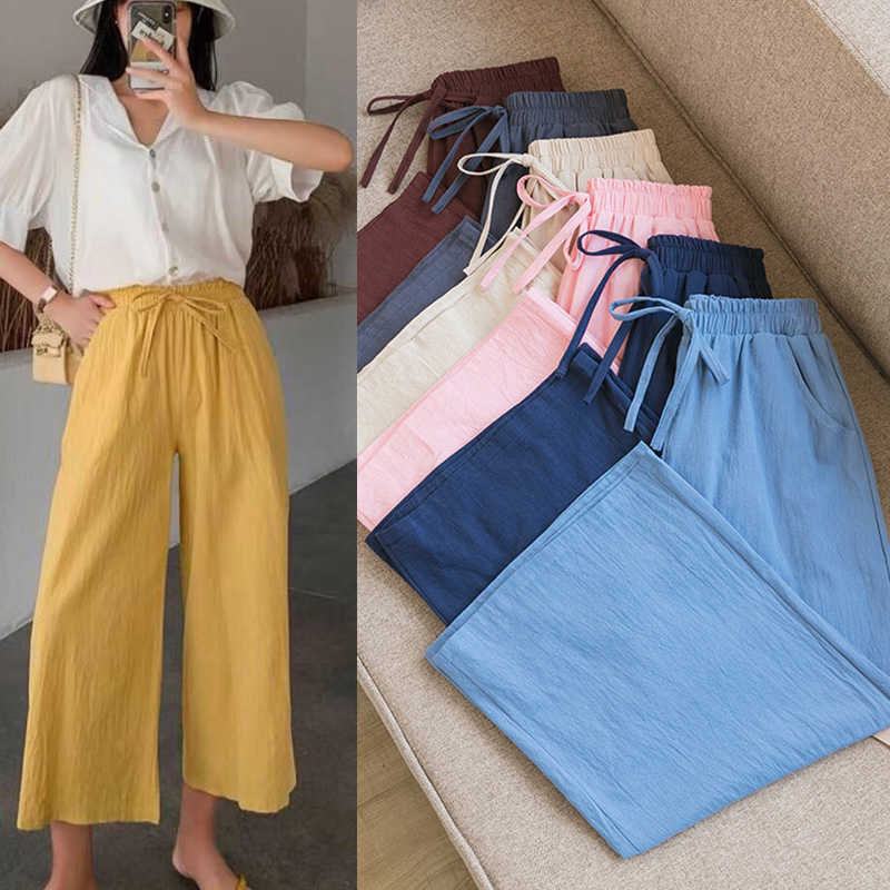 

Women Wide Leg Pants Spring Summer Cotton Linen Calf-Length Casual Loose Solid Elastic Waist Soft Straight Trousers Female 210526, Pink