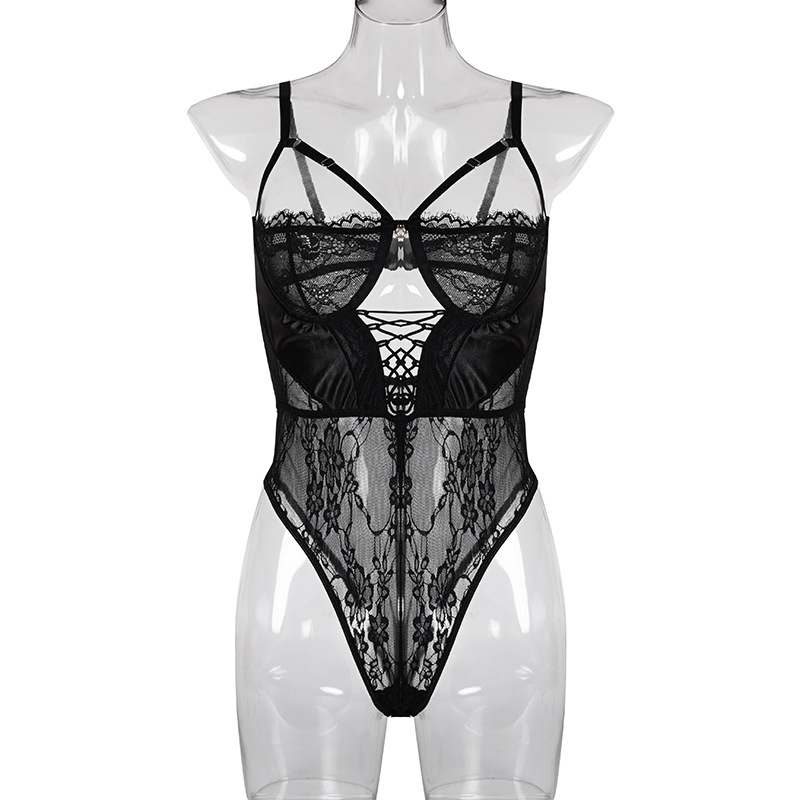 2021 Quality sexy Women V Neck Lace Transparent Lingerie Black Sheer Up Bodysuit Comfortable push-up bra Hollow sexy underwear suit