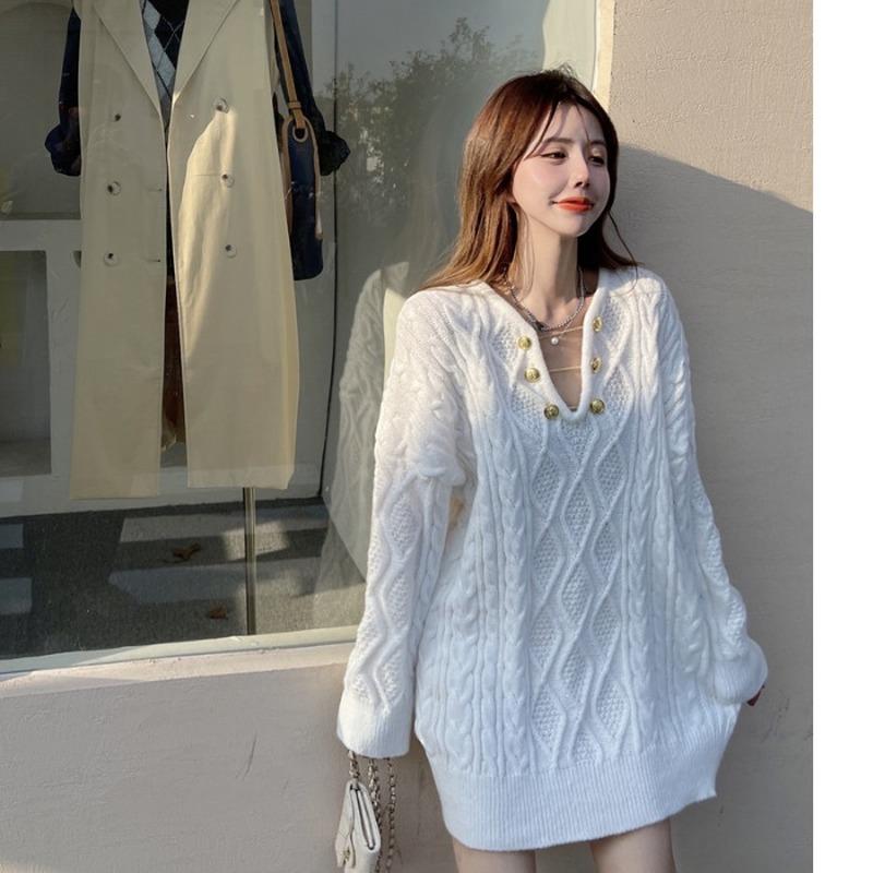 

Women's Sweaters Casual Pullovers Women White Twist Sweater Autumn Retro Loose V Neck Long Sleeve Pink Knitwear Top Pull Chain Lace Up, White;black