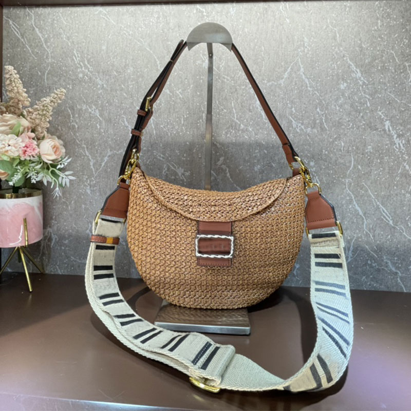 

Crescent Bag Crossbody Bags Handbag Purse Fashion Plain Woven Grass Material Front Flap Gold Metal Adjustable Embroidered Wide Shoulder Strap