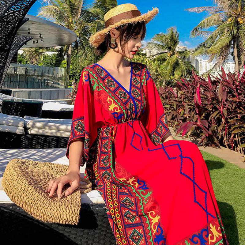 

Women Boho Dress National Wind Holiday Beach Seaside V-neck Female Vestidos Plus Size Half Sleeve Hit Color Dress, Black;gray