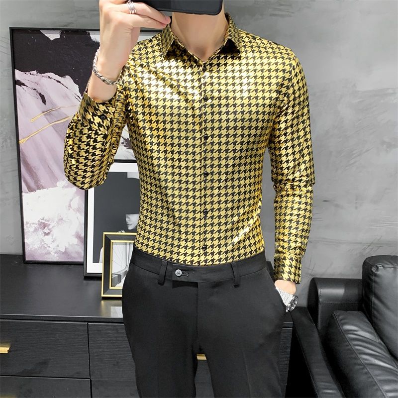 

2021 New Men Autumn Long-sleeved Plaid Men's Shirt Gold Printed Nightclub Mens Streetwear Casual Shirts Chemise Homme Manche Longue Pb6t