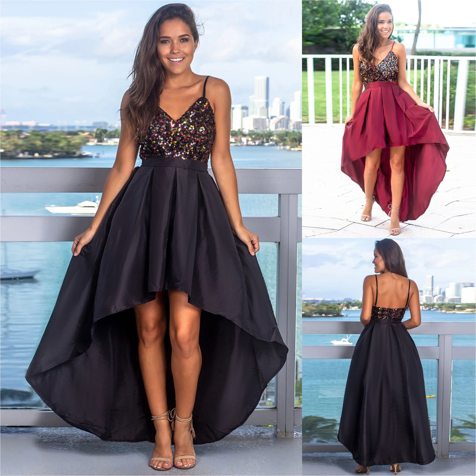 

2021 New Women Summer Elegant Casual Sleeveless Asymmetrical Mini Es Vestidos Lady Sexy v Neck Party Black Bfdu, Red