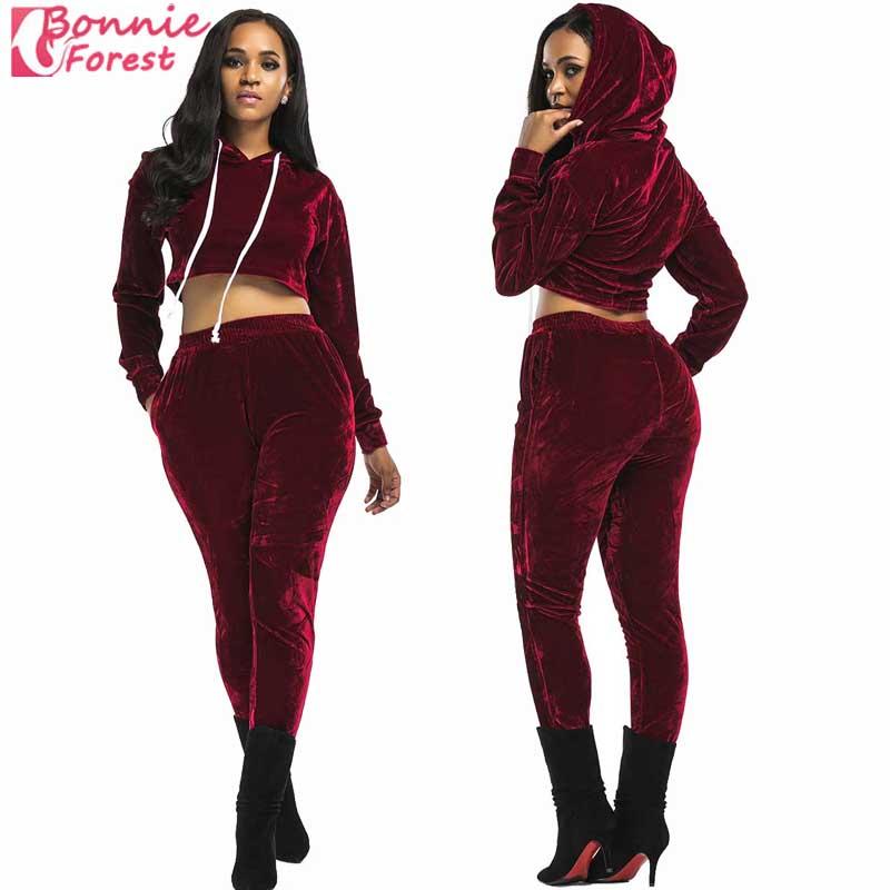 

Bonnie Forest Autumn Winter New Gold velvet Sport Wear Hooded Long Sleeve Top +High Waist Running Pant Two Piece Women Yoga Set, Red