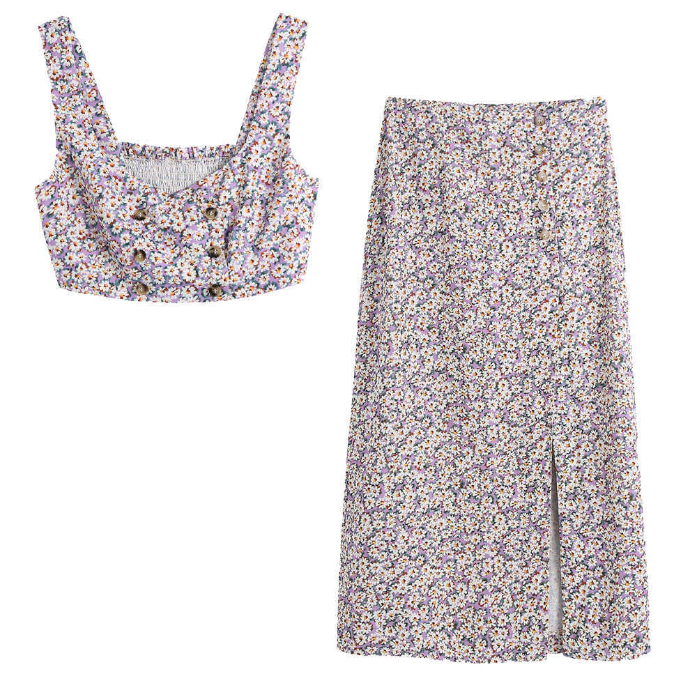 

Women Two piece set Flower Printed Linen Crop Top & Midi Skirt Casual Chic lady Summer Women Outfit Dress Sets Suits 210709