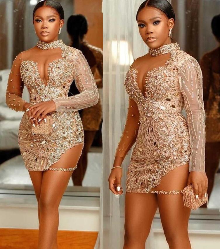 

2022 Plus Size Arabic Cocktail Dresses With Crystals Beads High Neck Short Party Dress Illusion Long Sleeves Black Girls Prom Gowns, Light sky blue