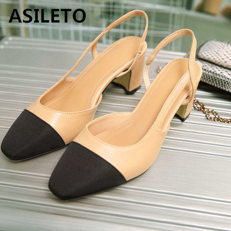 

ASILETO Genuine sheepskin Leather Slingbacks designer pumps High Heel Shoes Party Wedding pointed stilettos patchwork chaussures Y200323, Black