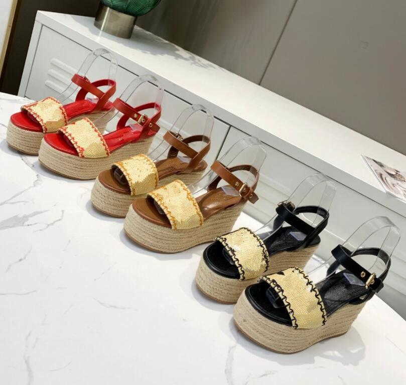 

Famous Red Bottom Wedge Cataclou Sandals Gold Patent Leather Studded Ladies Ankle Strap Women's Pumps Party Dress EU34-42 With Box