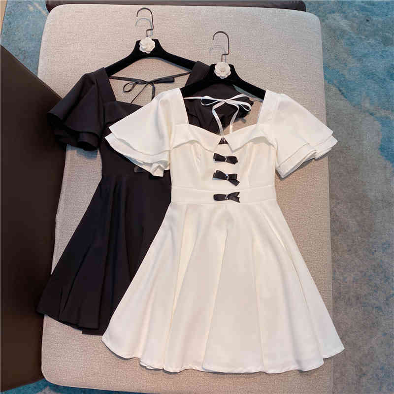 

Women Dress Fashion Bowtie Design Slim V-neck Ladies Spring Summer A-line es HR334 210525, White