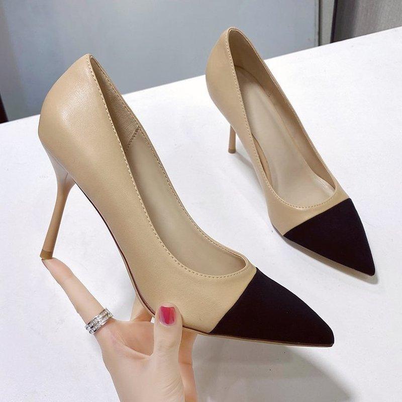 

Dress Shoes 2021 Women Pumps OL Fashion Spell Color High Heels Single Female Spring Summer Patent Leather Wedding Party Woman, Black