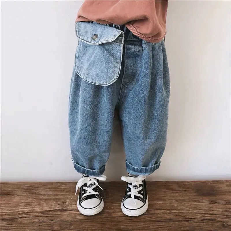 

spring autumn boys girls pocket loose denim pants 1-6 years toddler kids casual all-match jeans 210615, Blue