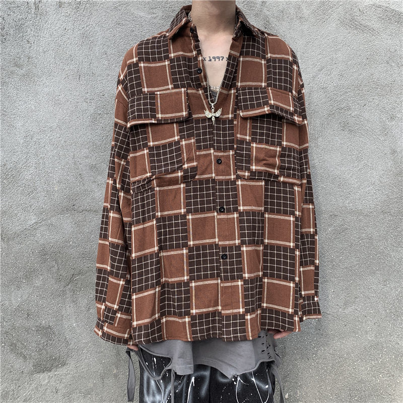 

2021 New Autumn Plaid Men's Fashion Hit Color Retro Casual Shirts Mens Streetwear Wild Loose Korean Long-sleeved Shirt Men -xl Zpxs, Black and white grid