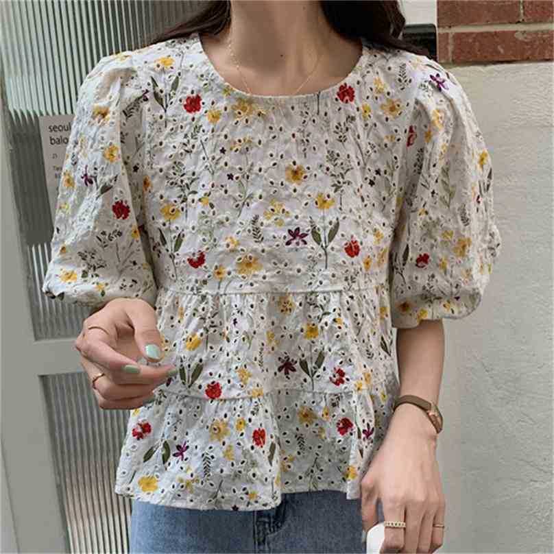 

Korean Cotton Florals Puff Sleeve Femme Chic High Waist Printing Loose Comfortable Summer Sweet Pullover Shirts 210525, Photo color