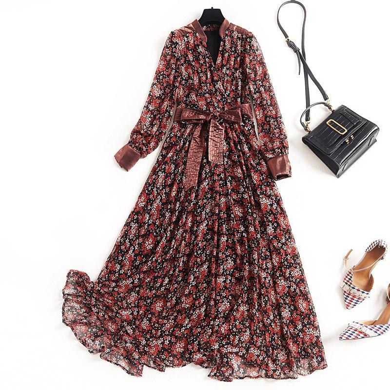

Casual Dresses Spring Vestidos Fashion V 2021 Neck Long Sleeves Women Chiffon Floral Printed Plus Size Bow Tie Belt Maxi Dress, Multi