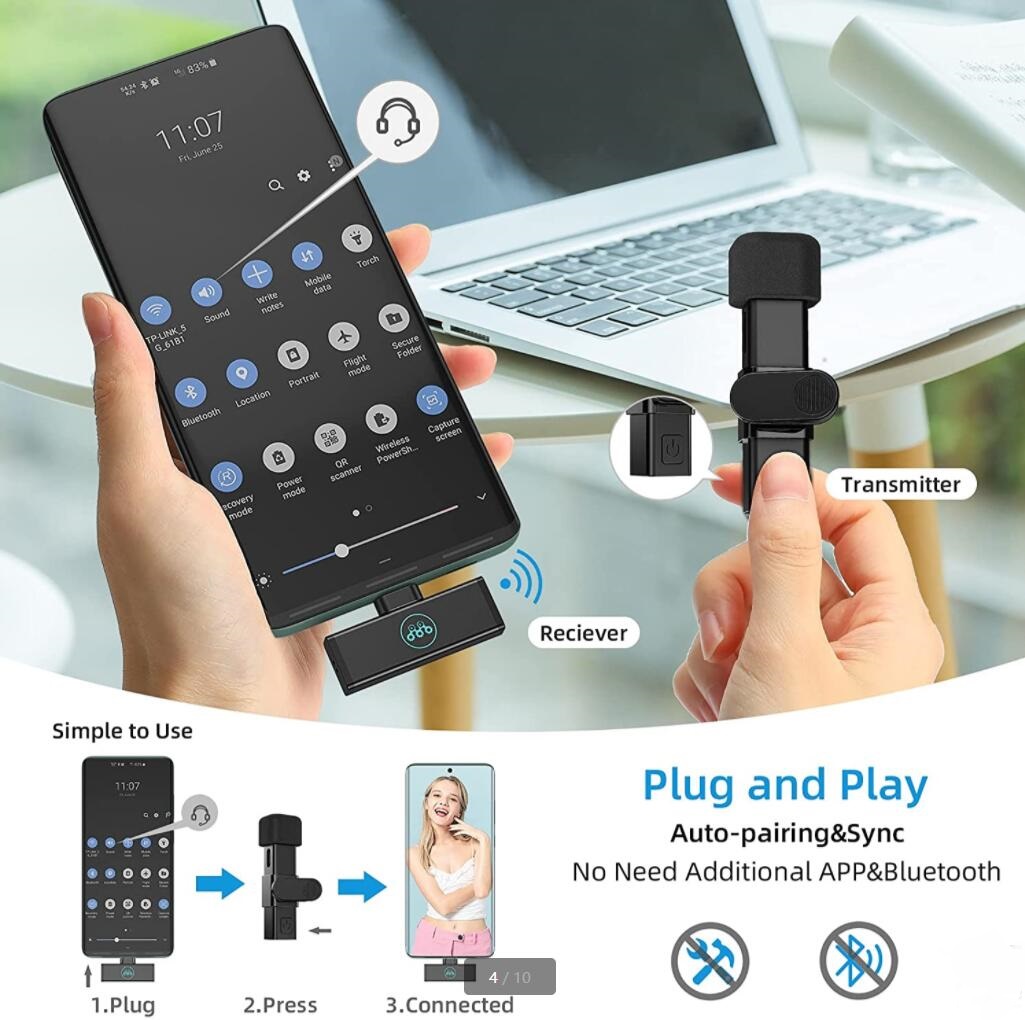 

Wireless Microphone Lavalier Lapel Interview Voice Recording Mic for Phone iP13 pro