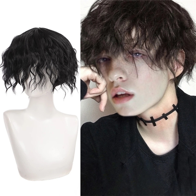 

tin Men's wig curly foil perm explosive head fashion handsome short chemical fiber headgear men's hair, Dark brown