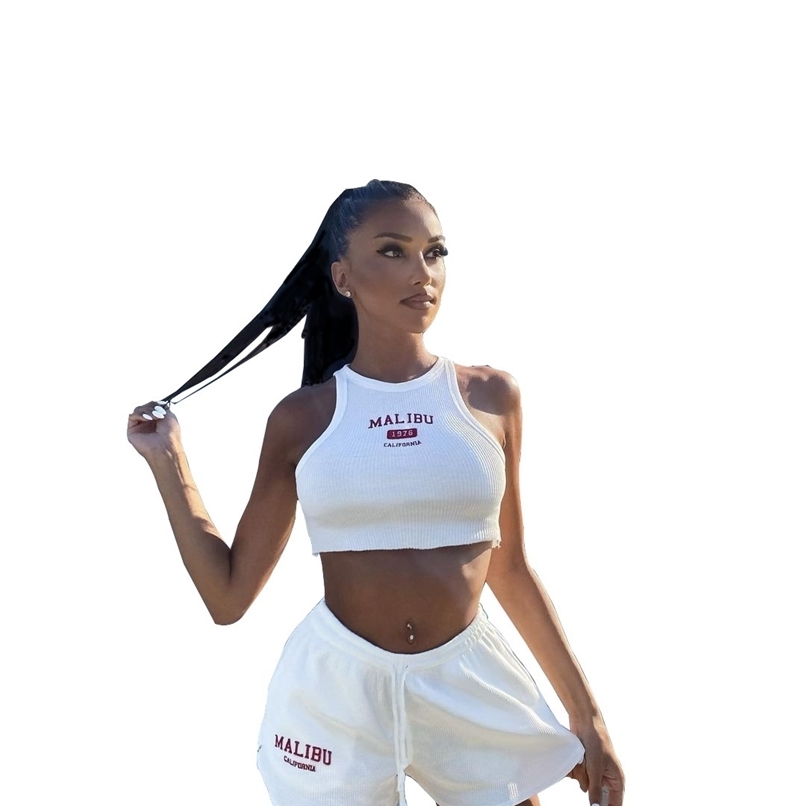 

Classic Letter Printed Sweatsuit Women Two Piece Outfits Black Girl Biker Shorts Set Lounge Wear Tank Sweatpants Gym Cloth 210525, White