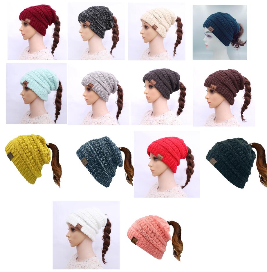 

Women CC Ponytail Caps CC Knitted Beanie Fashion Girls Winter Warm Hat Back Hole Pony Tail Autumn Casual Beanies, Customize