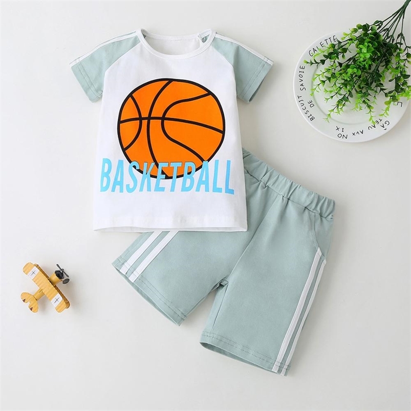 

Summer Children Sets Fashion Boys Short Sleeve O Neck Print Basketball Football Pants Cute Girls Clothes 12M-5T 210629, Gray