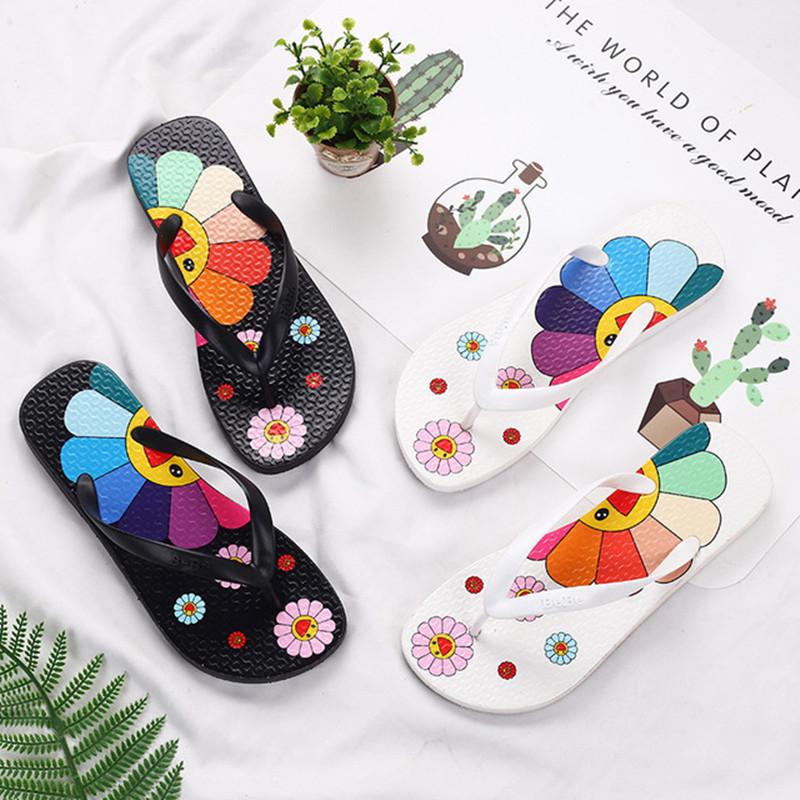 

Slippers Summer 2021 Creative Flip-flops Cute Sunflowers Stylish Beach Shoes Flat Slip-resistant, Black