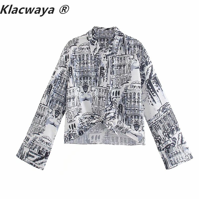 

Women's Blouse Fashion Print Loose Shirt Hem Knot Long SleeveTop Summer Casual Tie Button Chic Short Shirts Clothes 210521, As shown