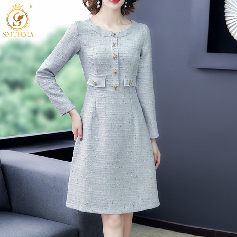 

Fashion Tweed Dress Robe Women Clothing Autumn And Winter Elegant Diamond Button Party Vestido Da Festa 210520, Photo color