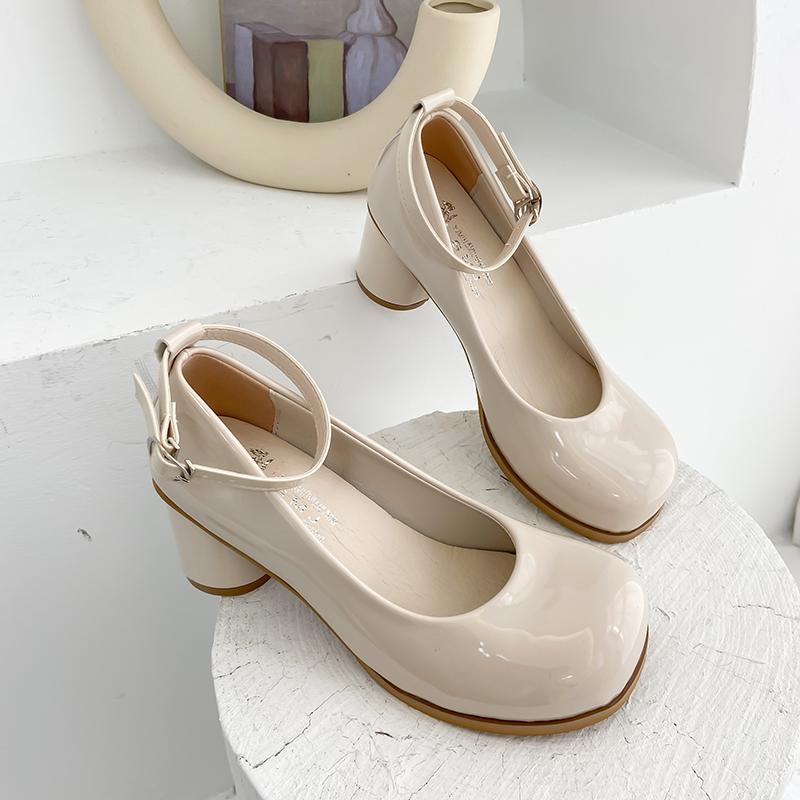 

Mary Janes Shoes Patent Leather Spring Summer Sandals High Heels Square Toe Ankle Buckle Vintage Female Pumps Casual Dress, Beige