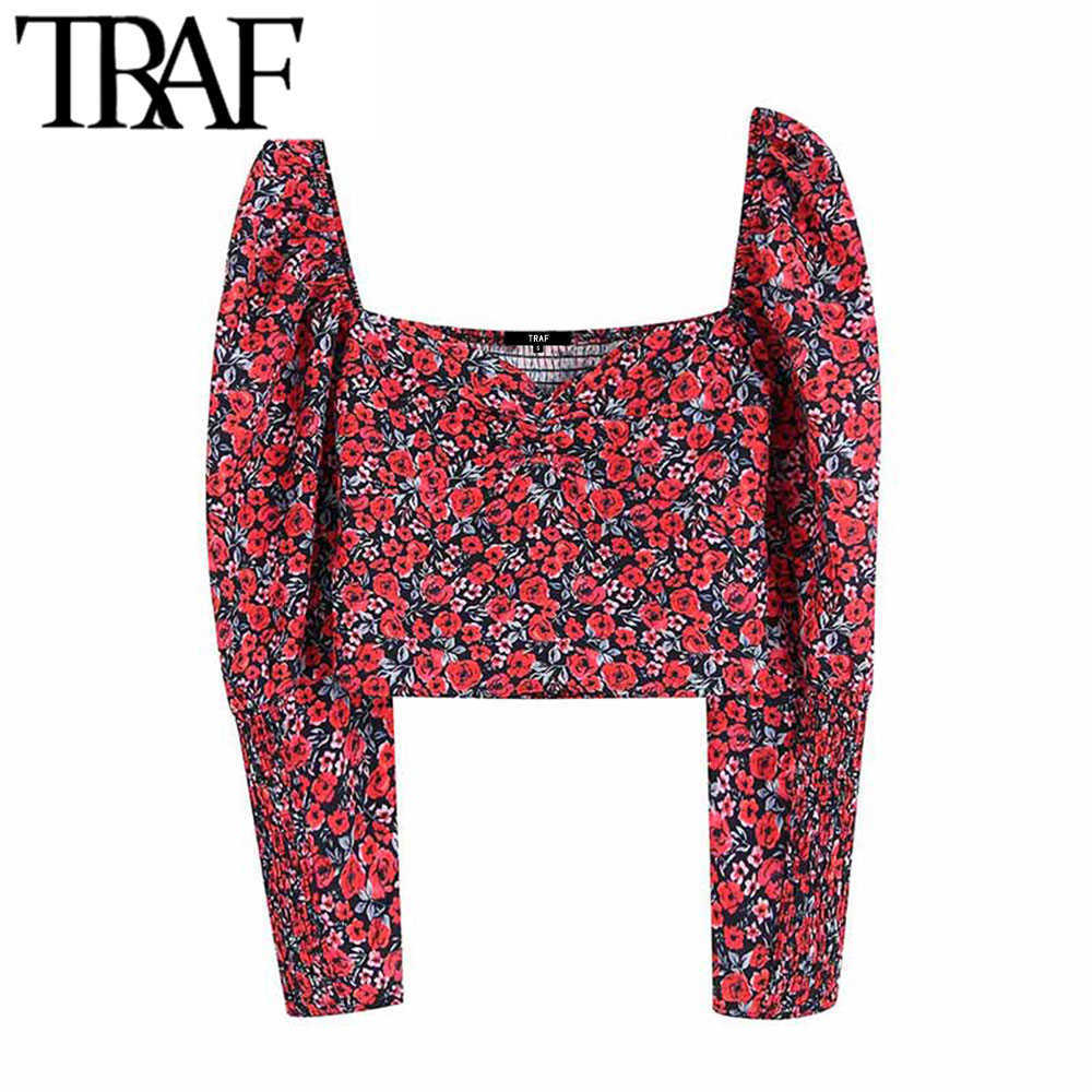 

TRAF Women Vintage Stylish Floral Print Short Style Blouses Fashion V Neck Long Sleeve Back Elastic Female Shirts Chic Crop Top 210721, As picture