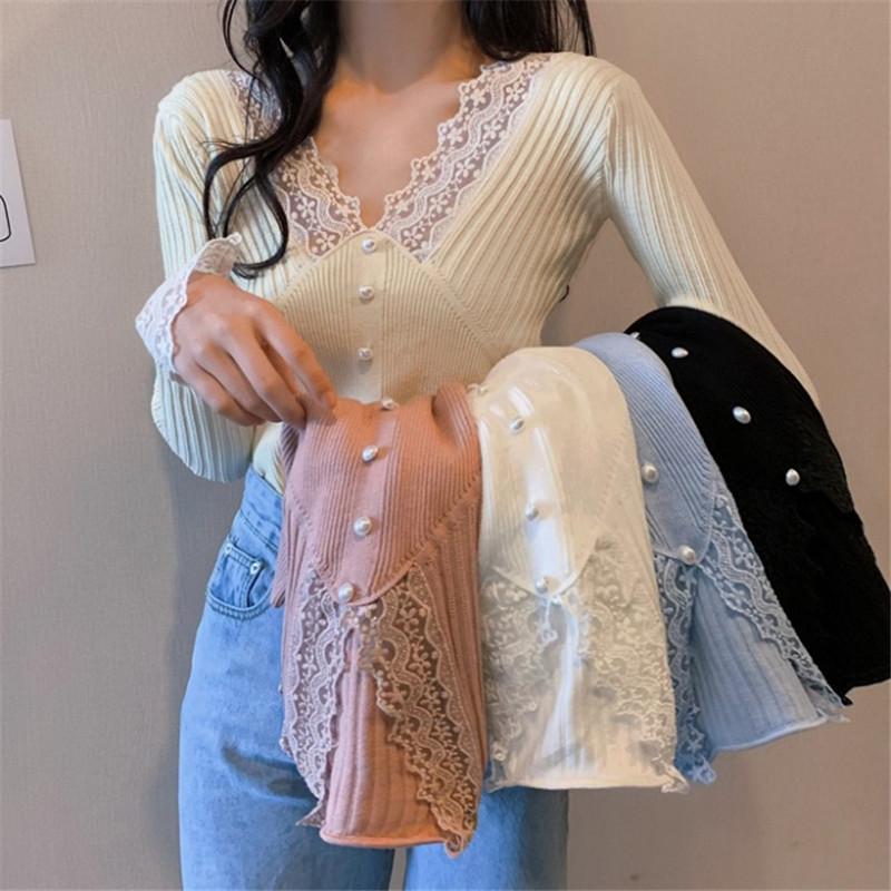 

Women' Blouses & Shirts V-neck Knitted Tops Slim Long-sleeved Lace Stitching Spring 2021 Slimming Bottoming Blouse, White blouse