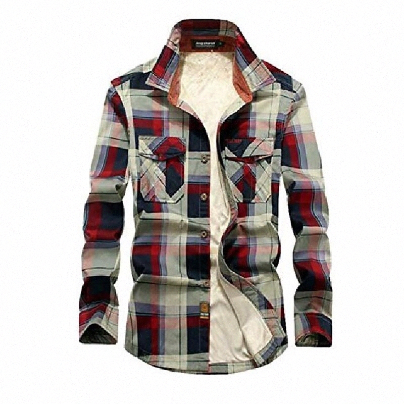 men's long sleeve thermal button-down fleece lined flannel plaid shirt jacket lamb cashmere overshirts coat red n6Mr#
