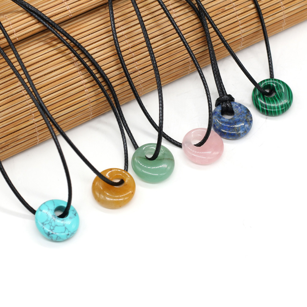 

Natural stone 18mm Peace Buckle Tiger Eye Stone Turquoise Opal Quartz Crystal Pendant Necklaces for Women Reiki Heal Crystal Pendulum Charms Leather Rope Necklace