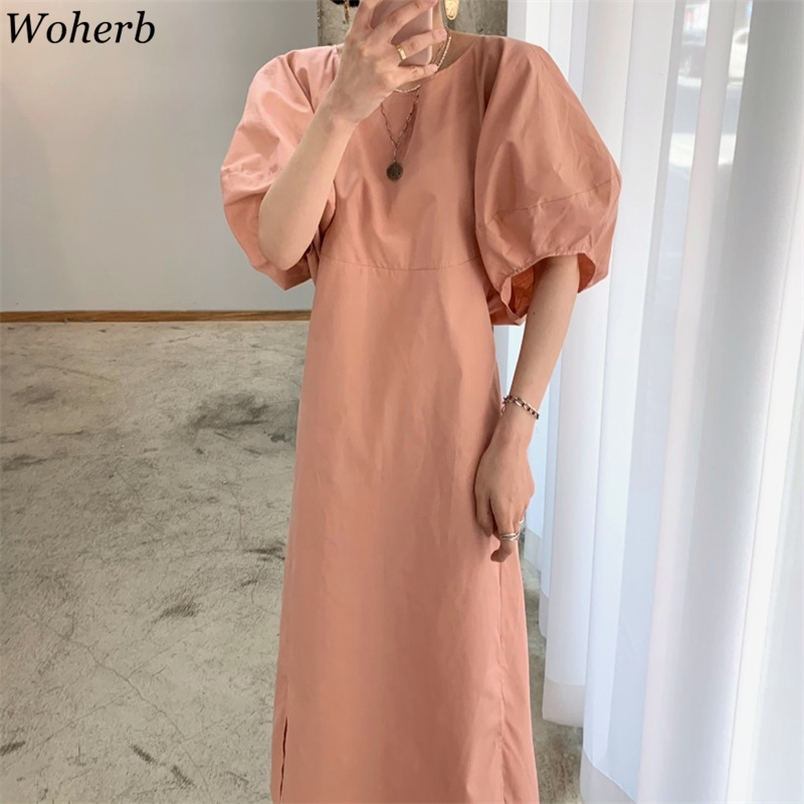 

Summer O-neck Women Long Dress Vintage Lantern Sleeve All Match Solid Robe Female Dresses Casual Vestidos Femme 210519, Orange red
