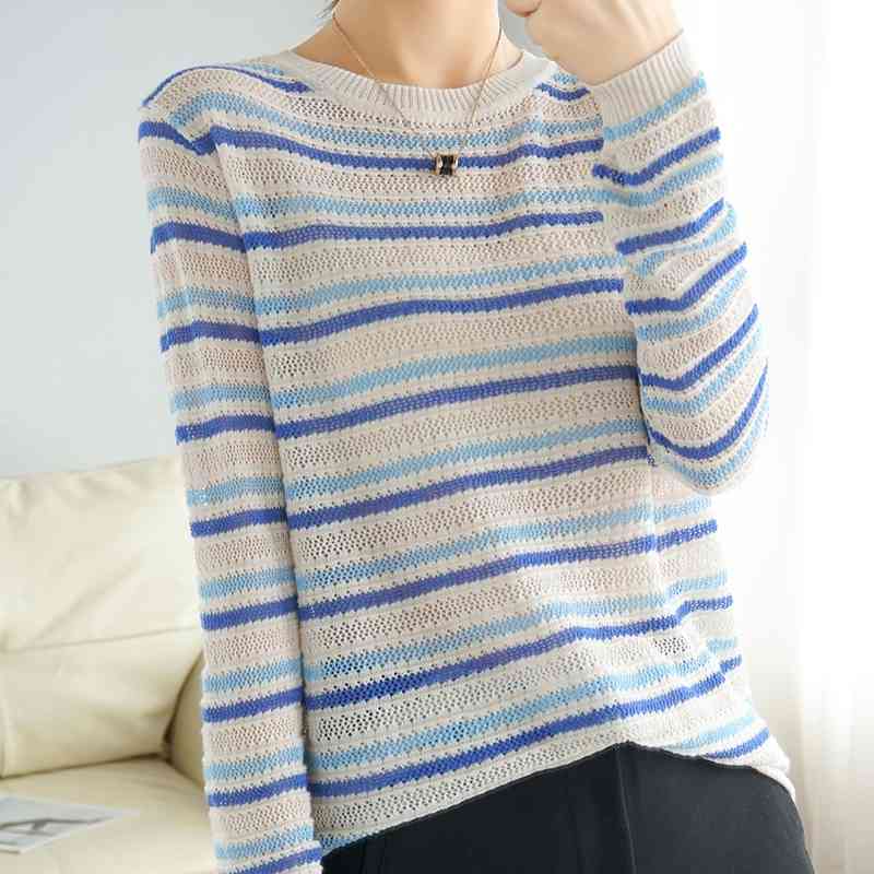 

women's sweaters female shirt with striped mesh, spring and autumn round collar long sleeve that matches everything 3fc9, White;black