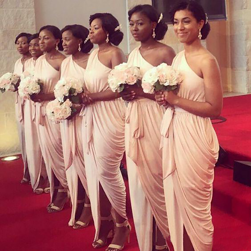 

Bridesmaid Dresses 2021 Ruched Beach Wedding Party Guest Dresses Nude One Shoulder Front Split Junior Maid of Honor Dress Ankle-length