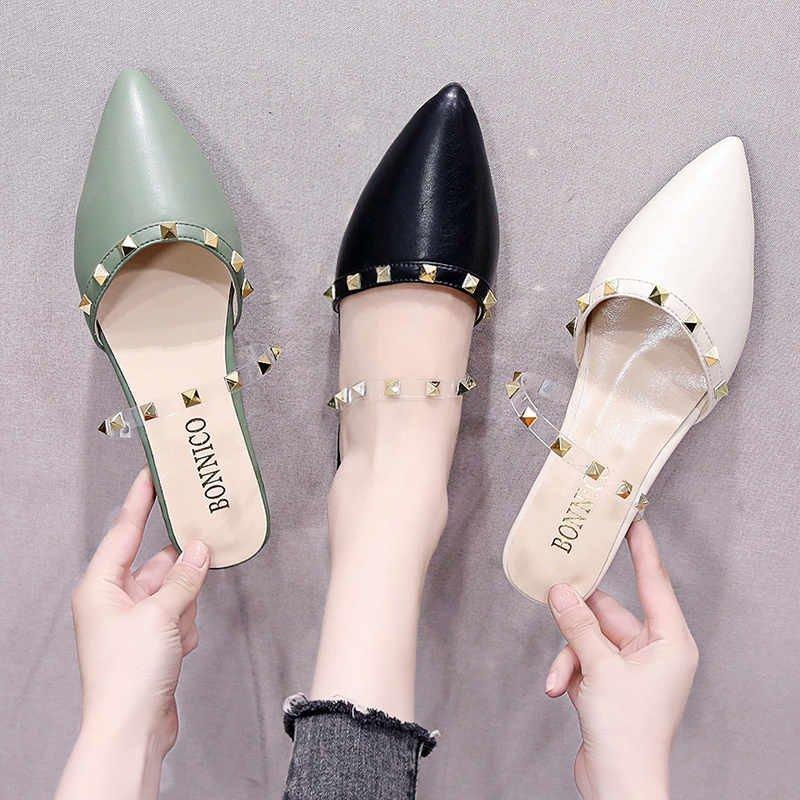 

Fashion Patent Leather Block Heels Sandals Pointed Toe Rivets High Woman Shoes Sandalias Desgin Ladies Slippers 35-43, Black