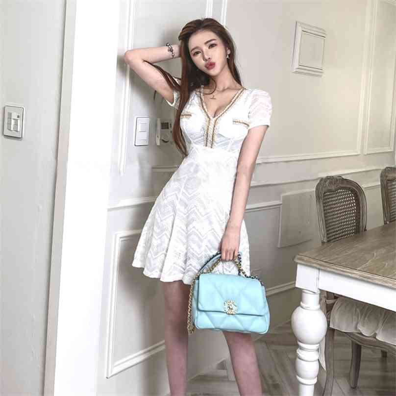 

white lace A line Dress korean ladies Sexy SUmmer V neck short Sleeve cabaret party Mini Dresses for women 210602