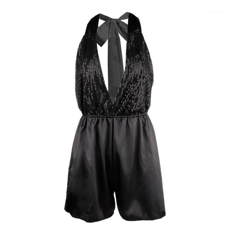 

Women's Jumpsuits & Rompers Women Sexy Backless Halter Sleeveless One-piece Bodysuit Female Fashion Chic Sequins Jumpsuit Deep V-Neck Playsu, Beige
