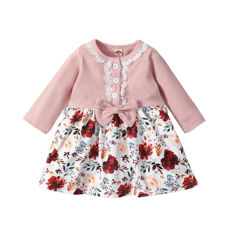 

Girl's Dresses Baby Girls Floral Print Dress Autumn Sweet Party Clothes Patchwork Long Sleeve High Waist With Lace Bow Knot Born Kids, As pic