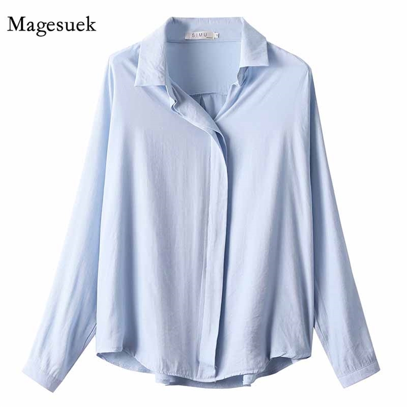 

Vintage Shirts Ruffled Loose Women Tops and Blouses Office Lady Lapel Autumn French Style Long Sleeve Shirt 11347 210518, Blue