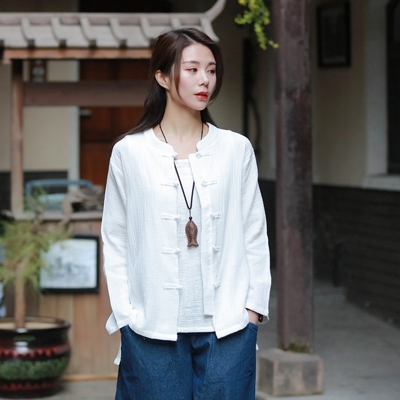 Johnature 6 Color Women Shirts Cotton Linen Stand Long Sleeve Button Blouses Spring New Chinese Style Top Solid Color Shirt 210317