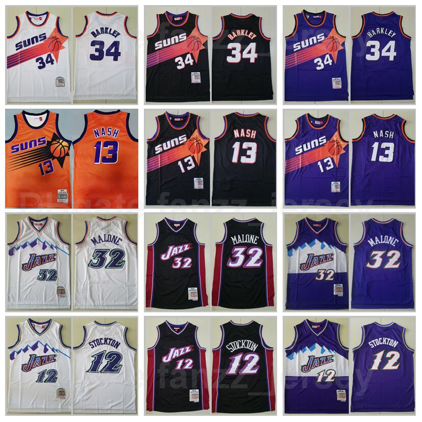 

Vintage Basketball Mitchell and Ness Charles Barkley Jersey 34 Steve Nash 13 John Stockton 12 Karl Malone 32 Retro Purple Black White Orange Stitched Big Team Logo, 12 white