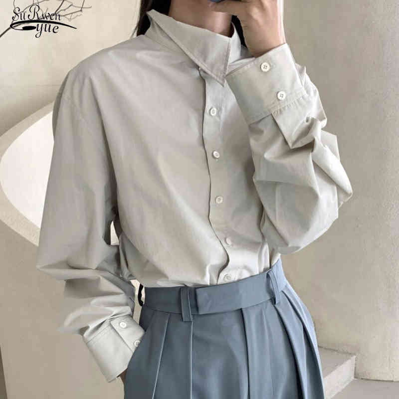 Fashion Korea Spring Automne Blouse Femmes décontractées plus taille de chemises grises bouton cardigan dames tops Vêtements 12542 210508
