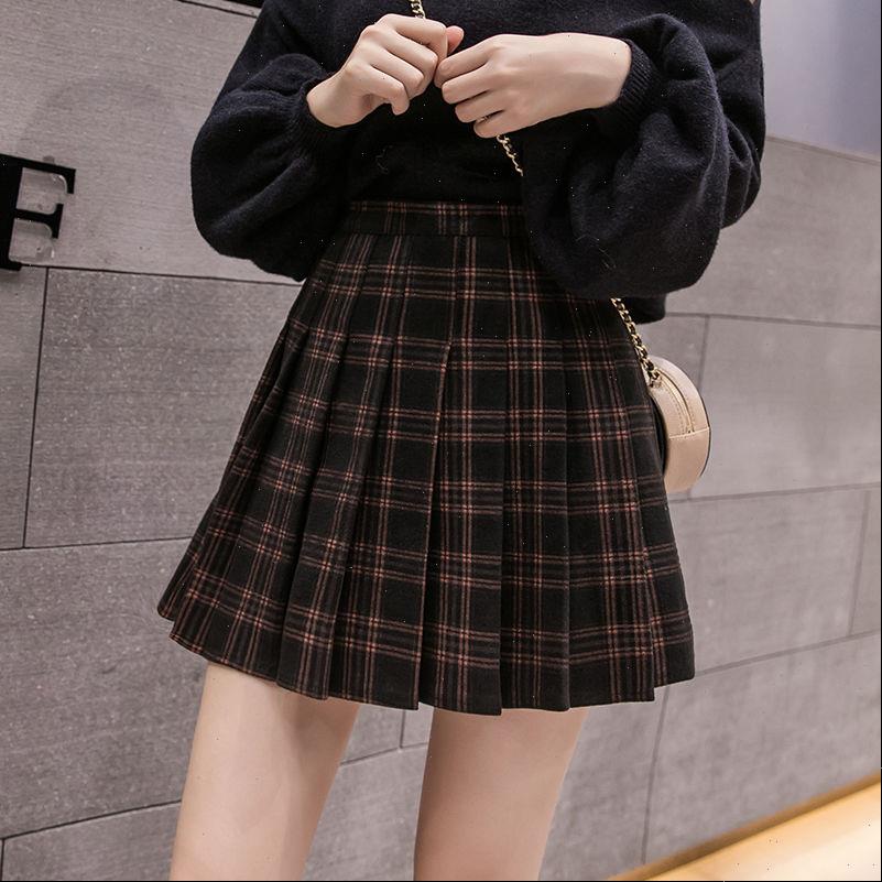 

maos pleated high waist thin women skirt college wind autumn and winter student han version of the grid, Black