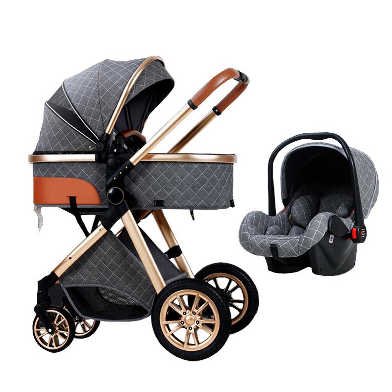 

Strollers# 3 In 1 Baby Stroller High Landscape Pram Reclining Carriage Foldable Light With Car Seat Cradel