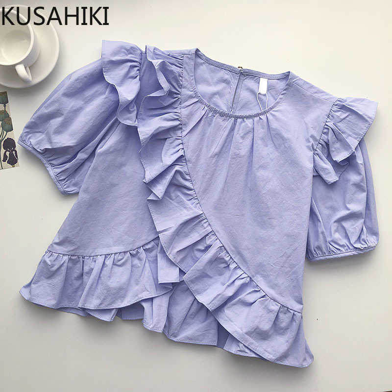 

KUSAHIKI Korean Irregular Ruffle O-neck Tops Causal Puff Sleeve Blouses Summer Solid Blusas Sweet Women Shirt 6G354 210602, Blue
