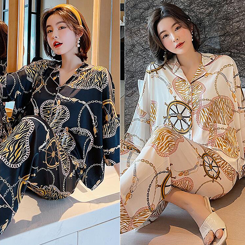 

Fashion Women Silk Satin Sleepwear Personality Textile Homewear Roulette Printed Comfortable Pajamas Long Sleeve Casual Pyjamas Set, As pic
