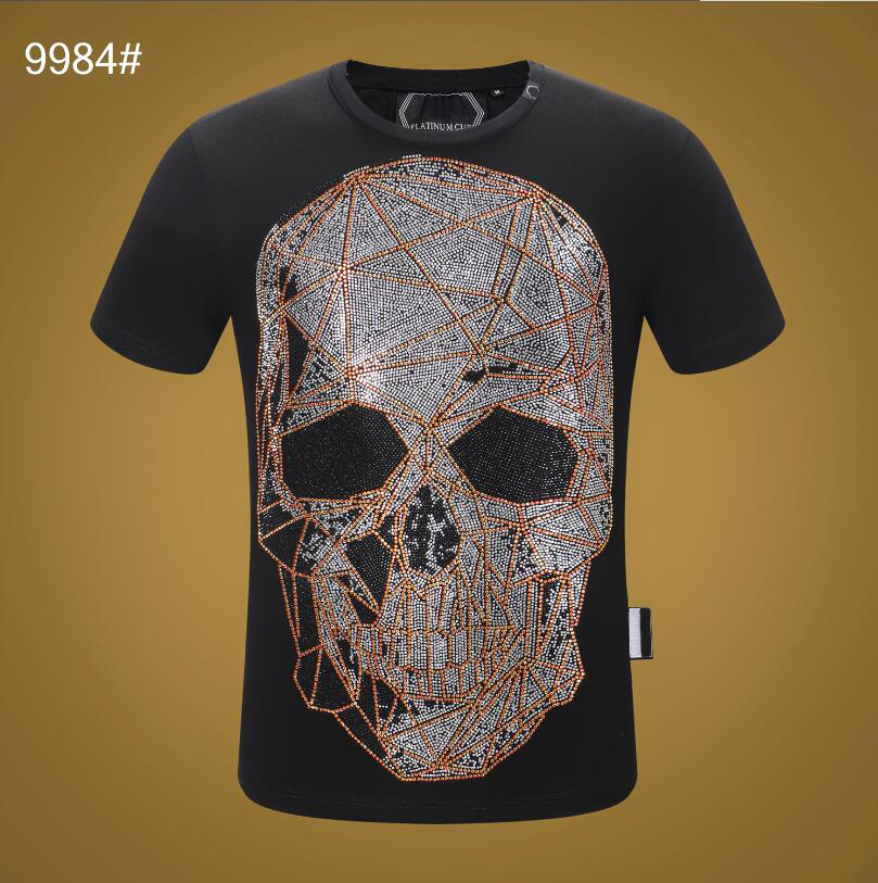

PP Men's T-shirt Summer rhinestone Short Sleeve Round Neck shirt tee Skulls Print Tops Streetwear M-xxxL 9984, White;black