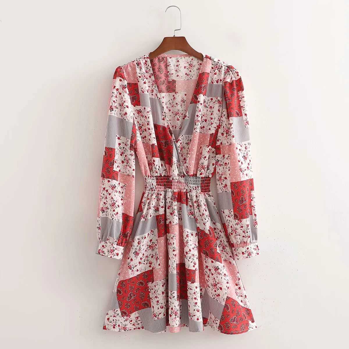 

Women Dress Paisley Printed V-neck Long Sleeves Slim Elastic waist Short Woman Dresses vestidos femme robe 210709