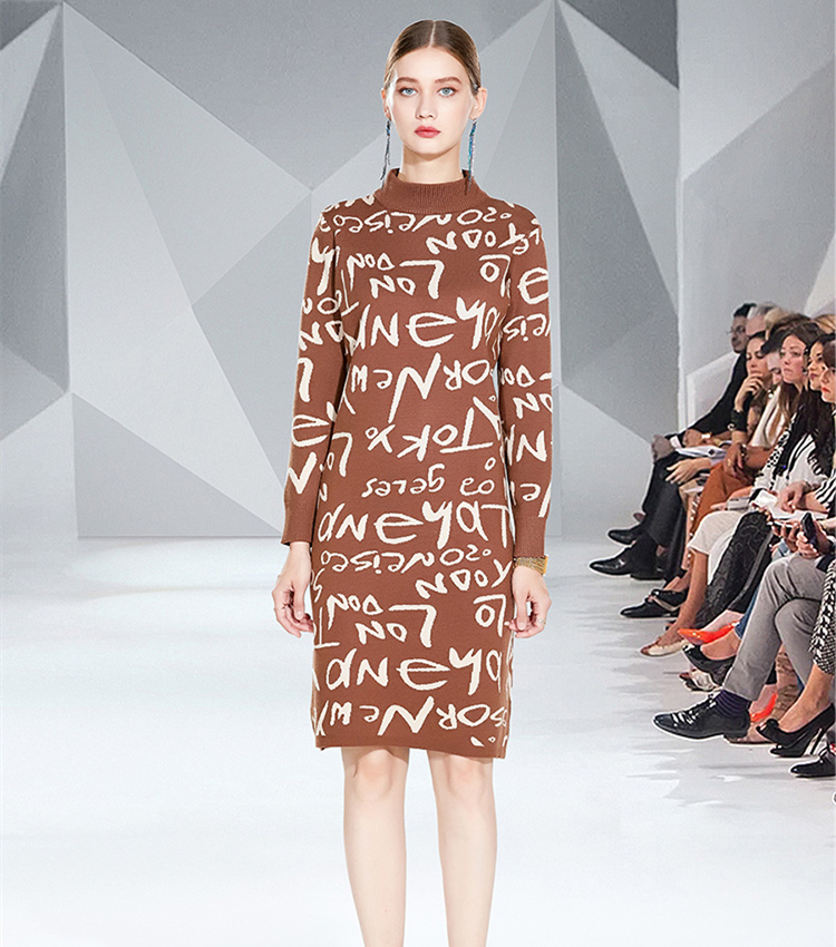 

Luxury Fashion Runway Black Knitted Dress 2021 Autumn Winter Women Designer Contrast Color Jacquard Sweater Dresses Gorgeous Office Lady Elegant Pullovers Frock, Beige