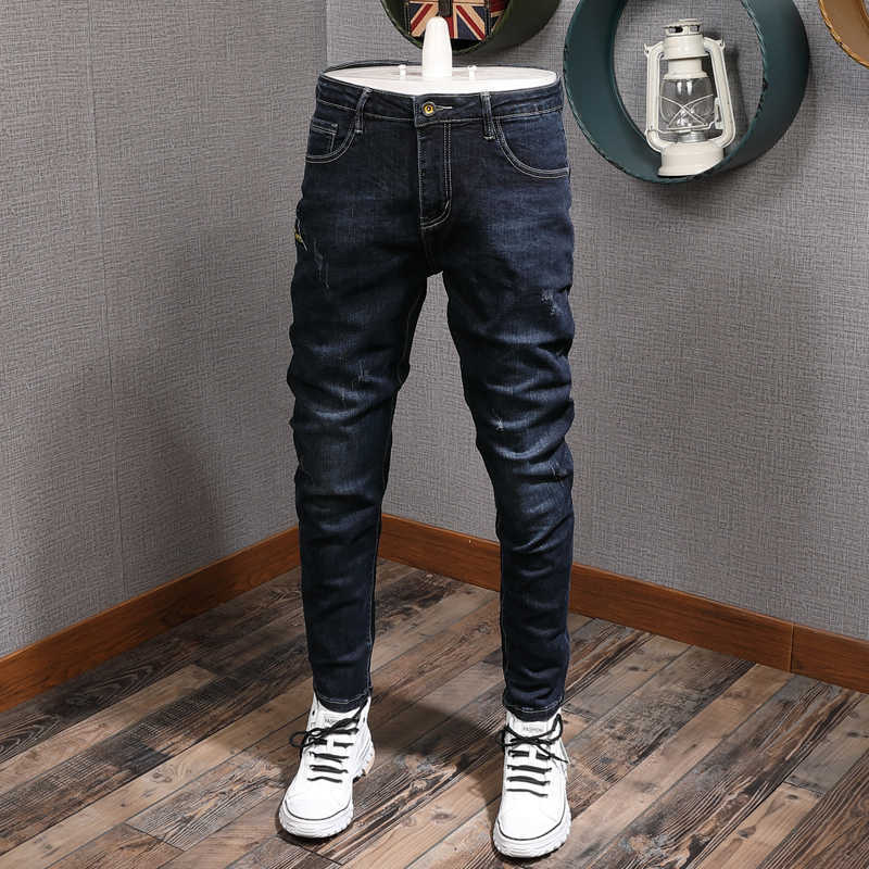 

Korean Style Fashion Men Jeans Retro Black Blue Elastic Slim Fit Casual Denim Pencil Pants Vintage Designer Simple Long Trousers